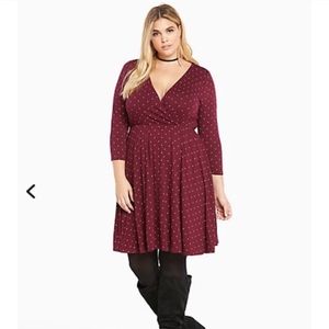 Torrid Faux Wrap Dress Maroon and Gold Polka Dots